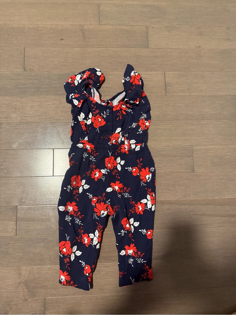 Janie and Jack Navy Floral Ruffle Strap Romper with Red Accents